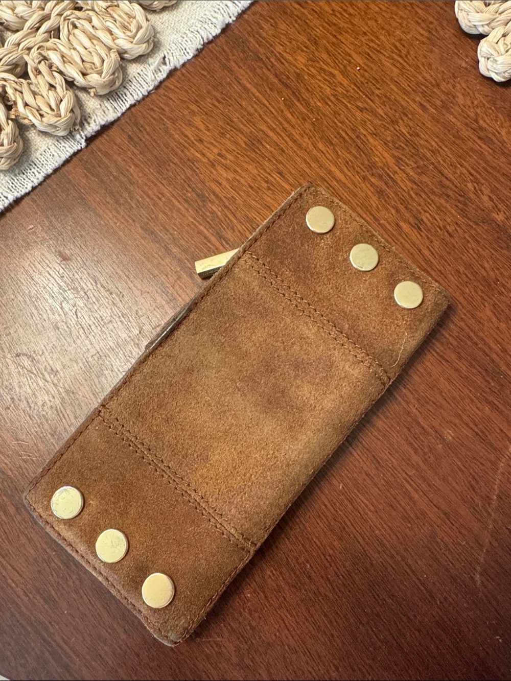 Hammitt Brown Suede Card & Key Holder with Gold Studs